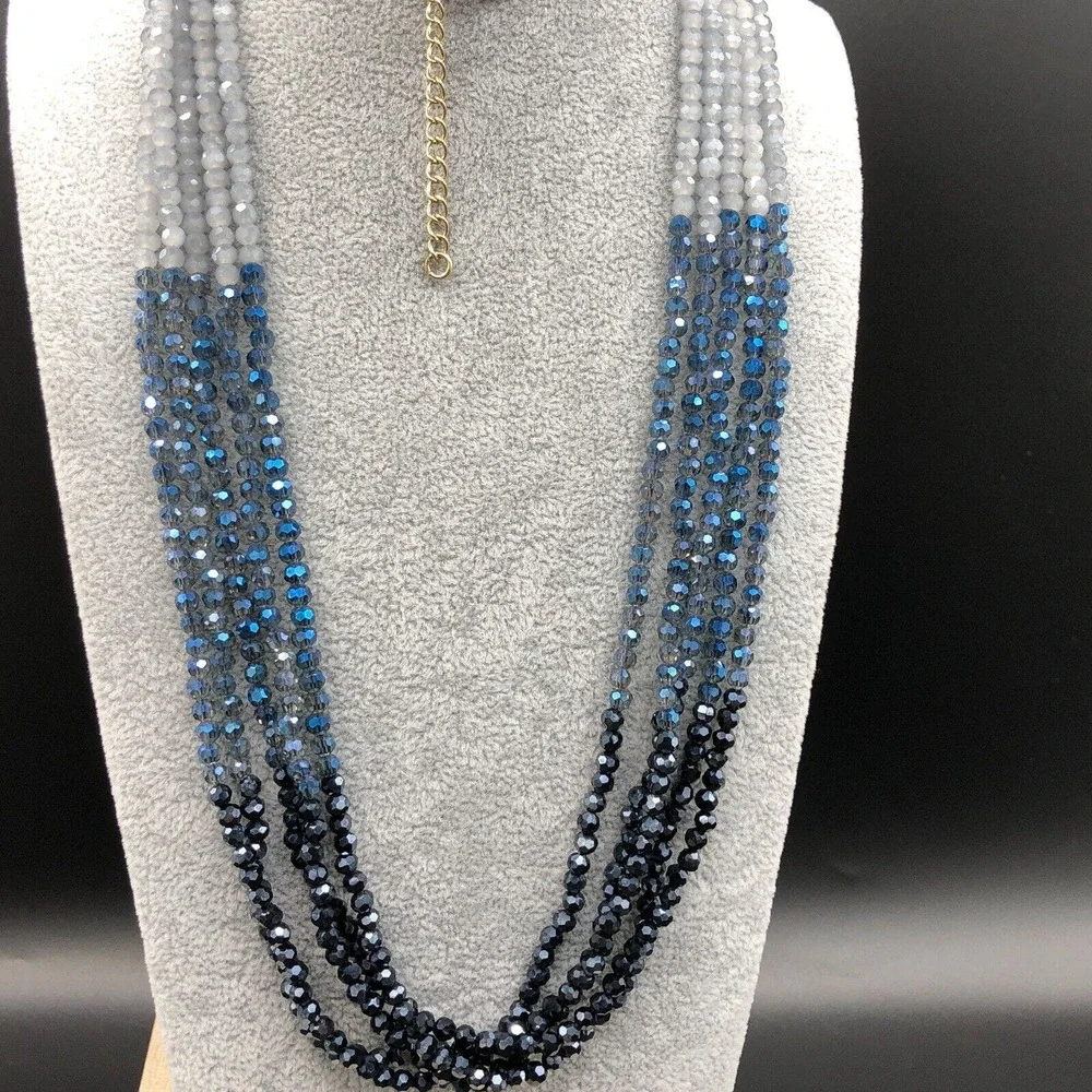 Glass Multi Strand Necklace Long Ombre Blue AB Faceted Bead Boho Gold Tone Chain